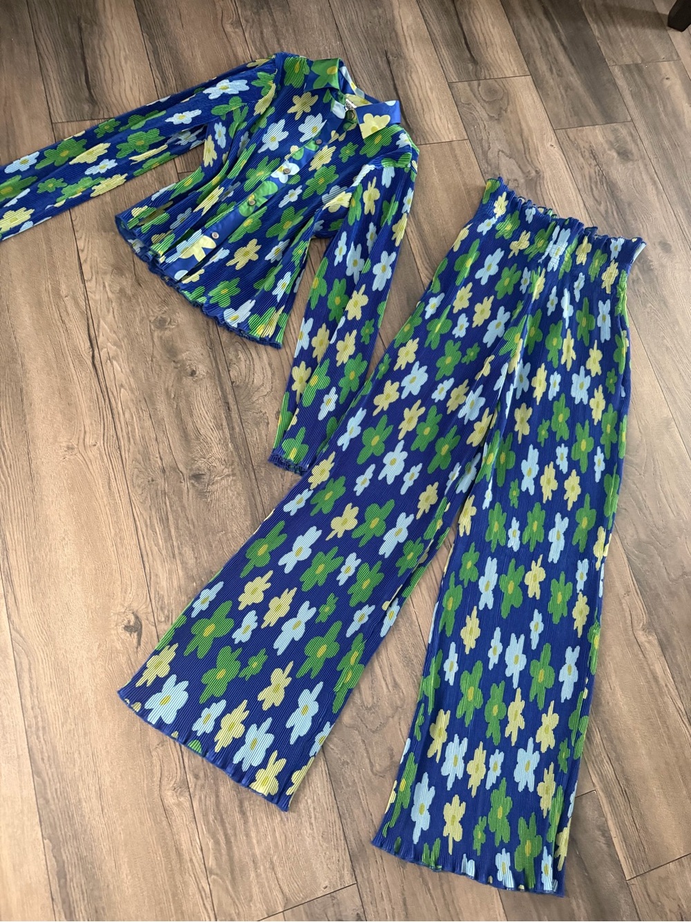 Blue Floral Wide-Leg Pants & Jacket Set